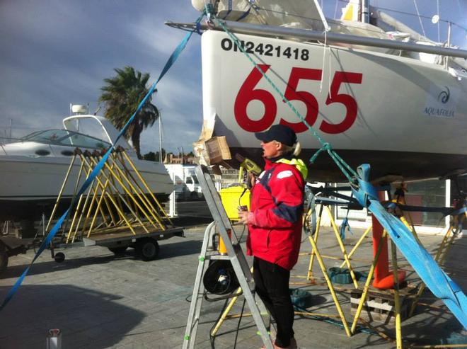 Diane Reid completes repairs on the bobstay attachment point in Cascais, Portugal © Mini Transat http://www.minitransat.fr/